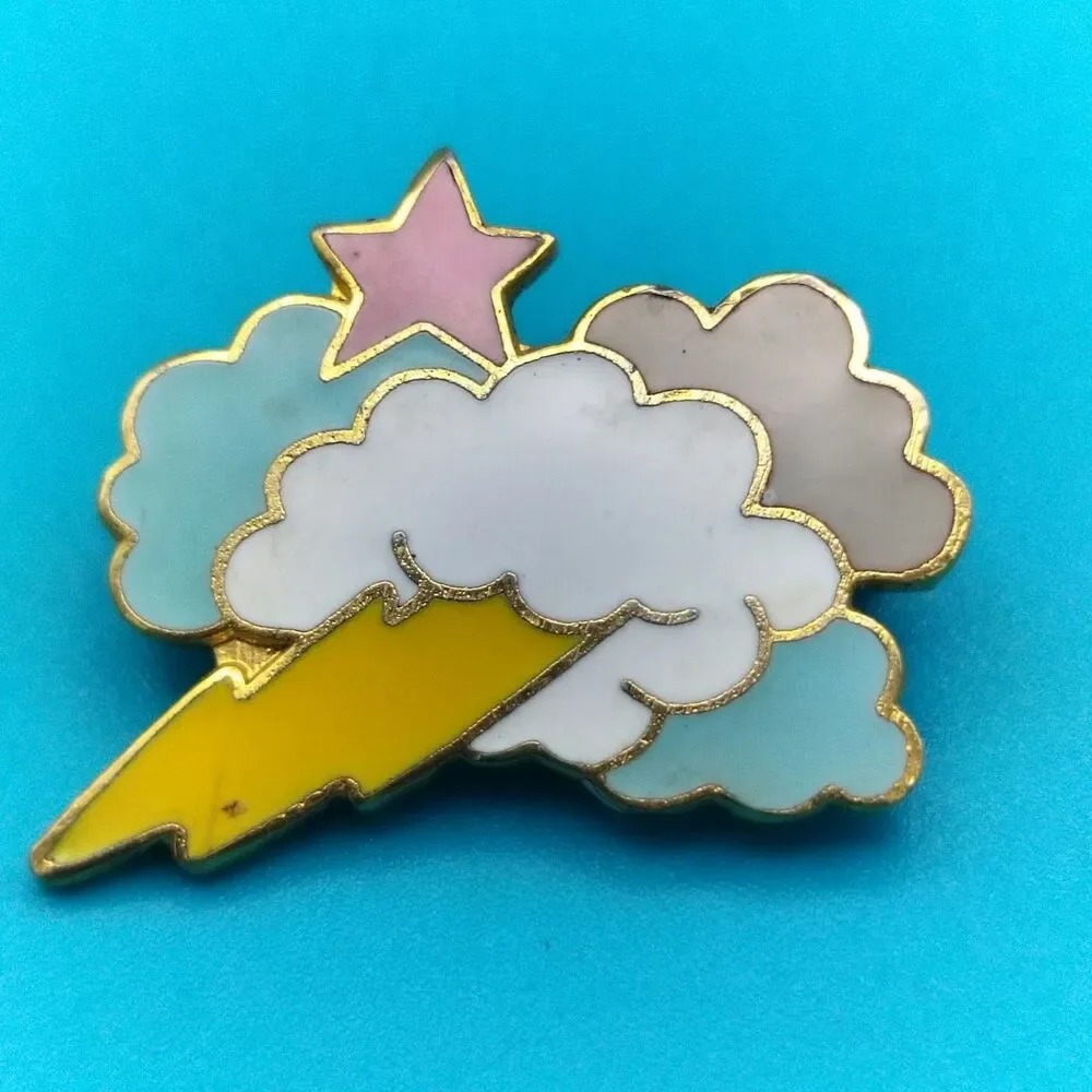 Cute Cloud Lightning Star Enamel Pin Gold Tone Celestial Sky Weather Pinback